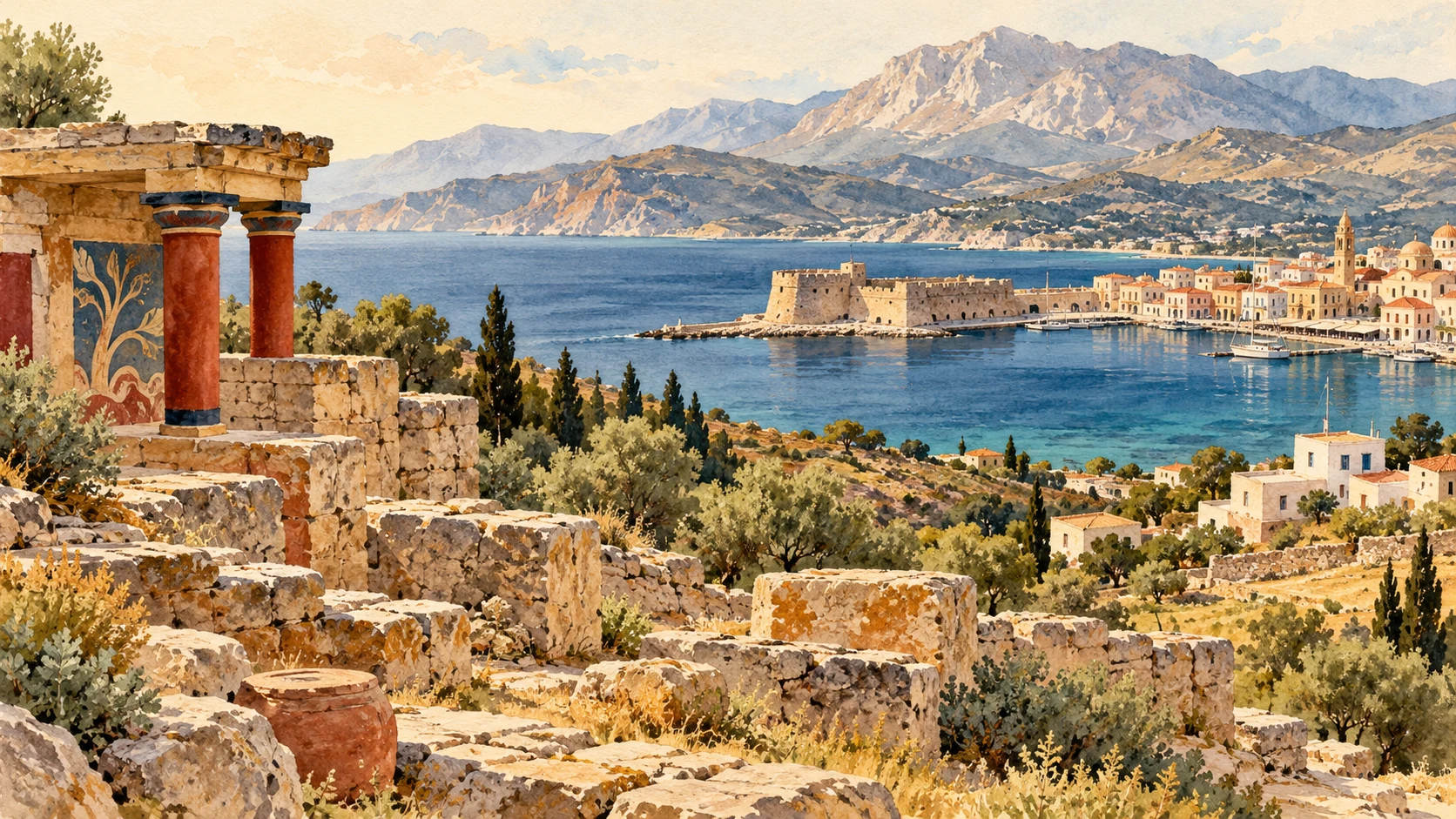 Geschilderde sfeerillustratie bij Venetië op Kreta · havens, macht & dagelijks leven